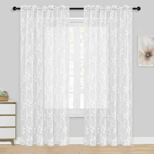 Miniatura 49 de DWCN Paquete de 2 cenefas de encaje floral para cocina, 52 x 18 pulgadas, con bolsillo para barra, cortina de gasa para ventana pequeña, cocina