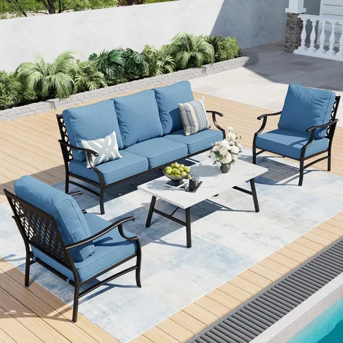Miniatura 18 de SUNSHINE VALLEY Juego de muebles de patio, 4 piezas de muebles modernos de metal para exteriores, sofá de 3 plazas, 2 sillas mecedoras, mesa