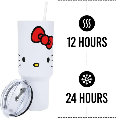 Miniatura 6 de Bioworld Hello Kitty - Vaso de acero inoxidable con tapa a prueba de fugas, 40 onzas Hello Kitty cara