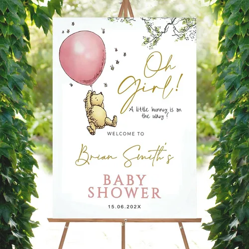 Miniatura 17 de Letrero personalizado para baby shower de oso Pooh, diseño clásico de vegetación personalizada, letrero de bienvenida para patio de baby shower