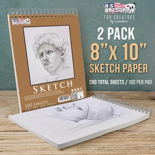 Miniatura 2 de U.S. Art Supply Cuaderno de bocetos encuadernado en espiral superior de 8 x 10 pulgadas, paquete de 2, 100 hojas cada una, 60 libras (100 gsm), sin
