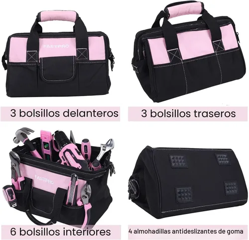 Miniatura 7 de FASTPRO Juego de herramientas rosa, 220 piezas Lady's Home Repairing Tool Kit con 12 pulgadas de ancho boca abierta bolsa de herramientas
