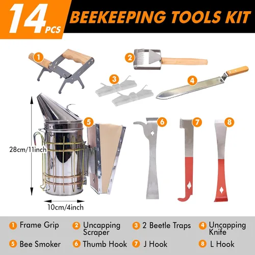 Miniatura 2 de BeeCastle Kit de iniciación de 14 herramientas de apicultura, suministros de mantenimiento de abejas, kit de herramientas de colmena de abeja