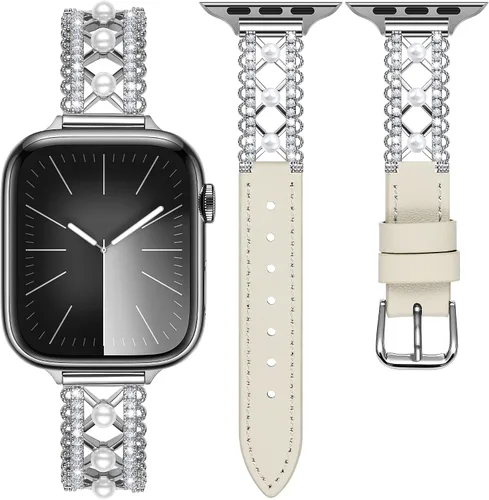 Miniatura 12 de Correa de cuero genuino y joyería para Apple Watch para mujer, elegante pulsera de perlas con circonitas laterales brillantes, correa de iWatch