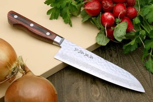 Miniatura 2 de Yoshihiro VG-10 Damascus Santoku cuchillo japonés multiuso, para chef, 7 pulgadas (estilo occidental, mango de madera de caoba)