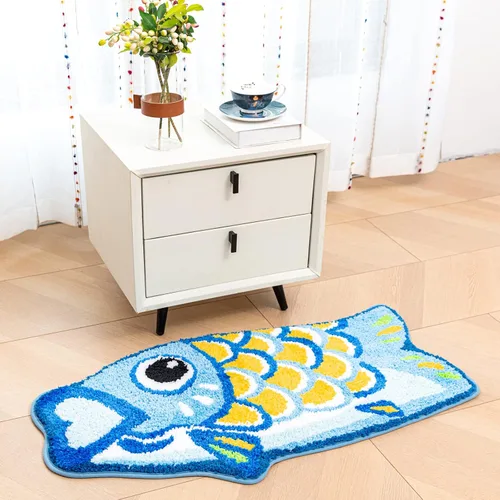 Miniatura 3 de Bonita alfombra de baño Koi de pez azul, antideslizante, de dibujos animados, divertidas, alfombras de baño y tapetes absorbentes para niños