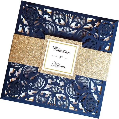 Miniatura 12 de Tarjetas de invitaciones de boda cuadradas de 6.3 x 6.3 pulgadas, corte calado mediante láser, diseño floral, con banda dorada y sobres blancos
