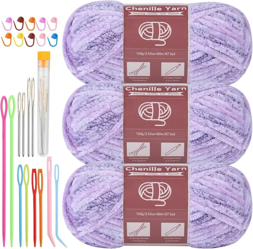Miniatura 36 de LUNARM Hilado de chenilla para tejer y hacer ganchillo, 3 madejas de 240 metros de hilo grueso, suave y voluminoso, para tejer mantas, ropa y Beige