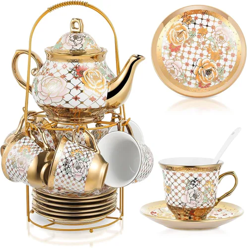 Miniatura 13 de Zhehao Juego de té de porcelana de 20 piezas con soporte de metal y cuchara para adultos, juego de té de cerámica para adultos, pintura de flores