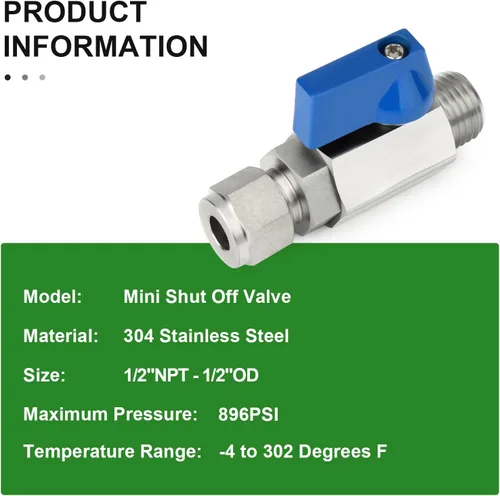 Miniatura 5 de TAISHER 1PCS 304 de compresión de acero inoxidable mini válvula de bola interruptor de apagado, tubo de 1/2 "OD x 1/2" NPT macho