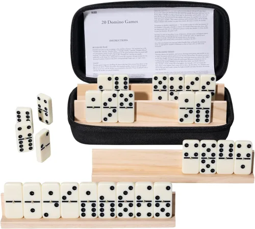 Juego de 6 dominó dobles para adultos con 4 estantes de madera, 28 fichas, juego de mesa de dominó clásico con funda de viaje portátil con