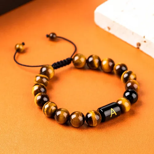 Miniatura 4 de FRG Brazalete con letra inicial del nombre, hecho a mano, las cuentas son de ónix negro u ojo de tigre, la cuerda es trenzada, un brazalete lleno