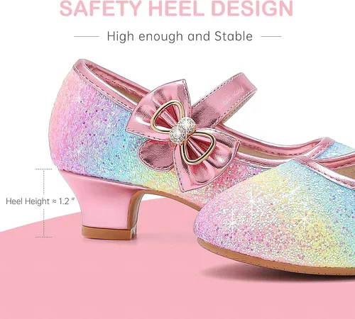 Miniatura 6 de Dufannie Zapatos de vestir para niñas, zapatos de tacón bajo de princesa, zapatos planos con purpurina para bodas y fiestas