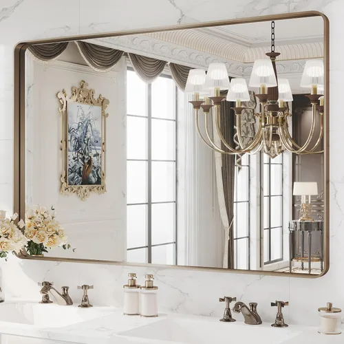 Miniatura 80 de WEER - Espejo de baño dorado, espejo de 40x32 pulgadas con marco de metal dorado cepillado, espejo de tocador de baño de oro para pared