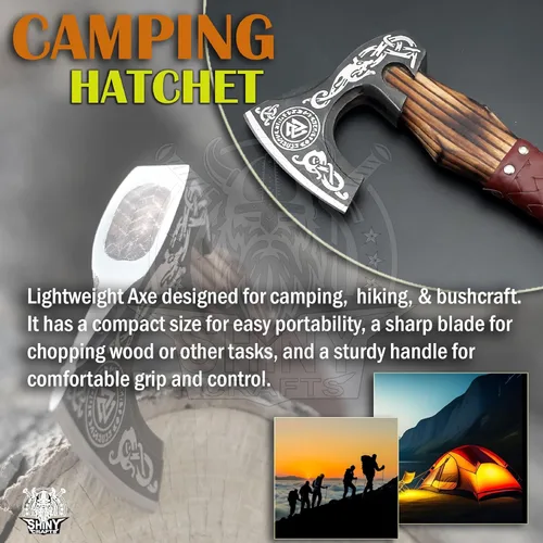 Miniatura 5 de Hacha vikinga decorativa hecha a mano con mango y funda envueltos en cuero, hoja grabada, regalo coleccionable ceremonial para hombres, guerreros