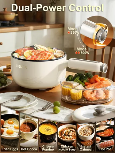 Miniatura 3 de Dezin Olla eléctrica con vaporera, sartén antiadherente para saltear de 2 L, olla eléctrica multifuncional 5 en 1 para bistec, arroz frito, avena