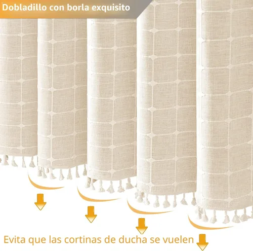 Miniatura 6 de BTTN Juego de cortinas de ducha estilo bohemio de granja con borlas, tela rústica de lino resistente, repelente al agua, cortinas de ducha gruesas A