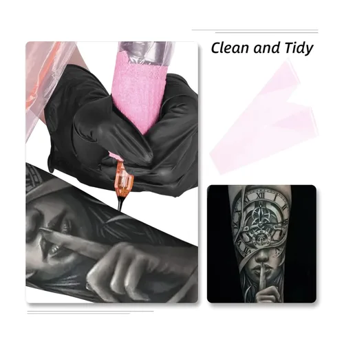 Miniatura 6 de ATOMUS 100 fundas de cordón con clip de tatuaje con 2 piezas de vendaje autoadhesivo, bolsas de plástico desechables, bolsa para bolígrafo de Rosado