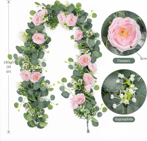 Miniatura 3 de TOCHGREEN Paquete de 2 Guirnaldas de Flores de Eucalipto Artificial de 13 Pies con Rosas Rosadas, Guirnalda de Flores de Rosa Falsa Vegetación