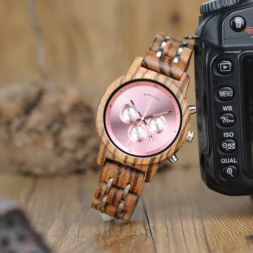 Miniatura 5 de BOBO BIRD Relojes de madera para mujer, correa de metal de madera de lujo, cronógrafo y visualización de fecha, reloj de cuarzo, moda de cebra