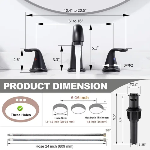 Miniatura 2 de Grifo de baño de amplio alcance, ALEASHA grifo de baño negro mate con desagüe emergente, grifos de lavabo de 3 agujeros para RV/lavabo de camping