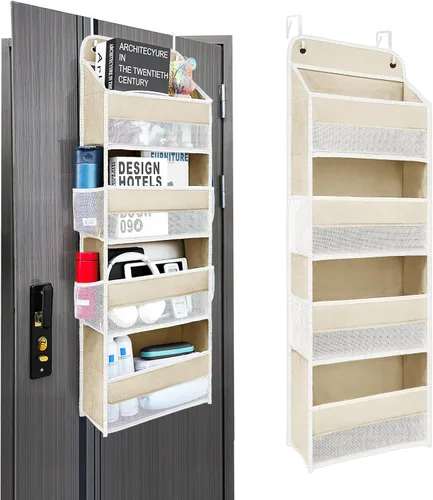 Miniatura 13 de Organizador sobre la puerta con 4 bolsillos laterales de malla, capacidad de peso de 44 libras para colgar detrás de la puerta, almacenamiento Gris