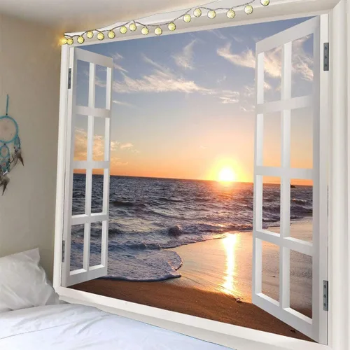 Homiest Tapiz 3D oceánico para colgar en la pared, sol, puesta de sol, playa, paisaje, tapiz de ventana, para dormitorio, sala de estar, decoración