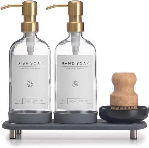 Miniatura 10 de Juego de dispensador de jabón de cocina de lujo - Botella de vidrio blanco de 16 onzas, bomba de acero inoxidable, bandeja de secado instantáneo