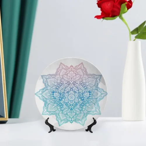 Miniatura 6 de Plato decorativo de 8 pulgadas, cerámica de loto, tatuaje bohemio zen, tono pastel, mandala abstracto de loto, placa de exhibición para mesa de Lila