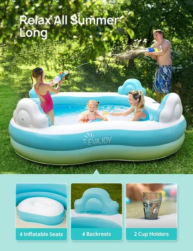 Miniatura 3 de EVAJOY - Piscina inflable para niños, adultos, piscina sobre el suelo de tamaño familiar con 4 asientos, 4 respaldos, portavasos, para patio