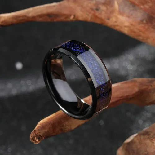 Miniatura 3 de King Will DRAGON - Anillo de carburo de tungsteno para hombre, 0.315 in, plateado, azul, negro, dragón celta, alianza de boda, acabado pulido