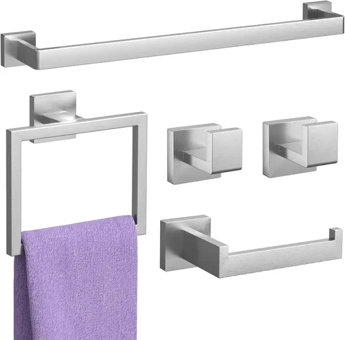 Miniatura 8 de Juego de 5 piezas de accesorios de baño negro mate, juego de barra de toalla de baño de 23.6 pulgadas, juego de hardware de baño de acero inoxidable
