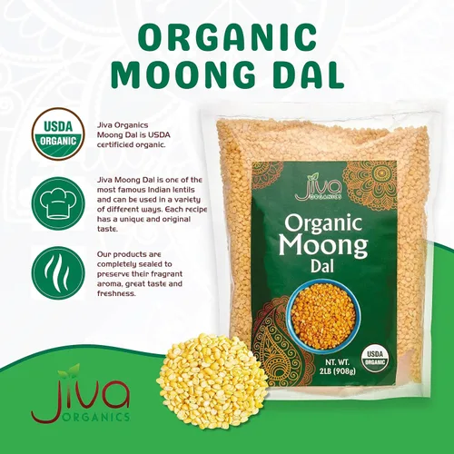 Miniatura 3 de Jiva Moong Dal amarillo orgánico, 2 libras, sin OMG, sin gluten, ideal para Kitchari, frijoles mungos amarillos partidos