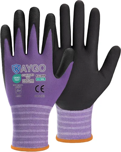 Miniatura 67 de KAYGO Guantes de Trabajo de Seguridad con Revestimiento de Nitrilo MicroFoam, 3 Pares KG18NB, Guante de Punto Sin Costuras de Nylon con Dedos Gris