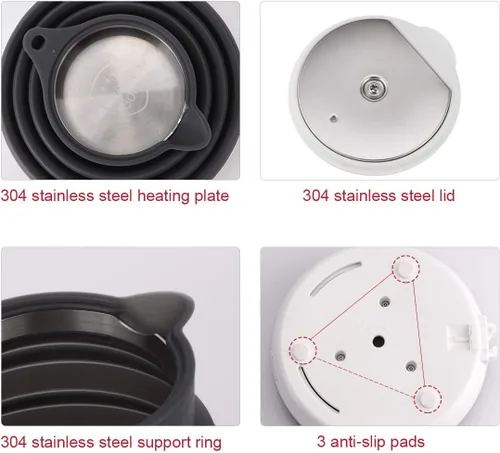 Miniatura 7 de Tetera eléctrica plegable de silicona de grado alimenticio ultrafina mejorada para viajes, protección contra hervir en seco, portátil con voltaje