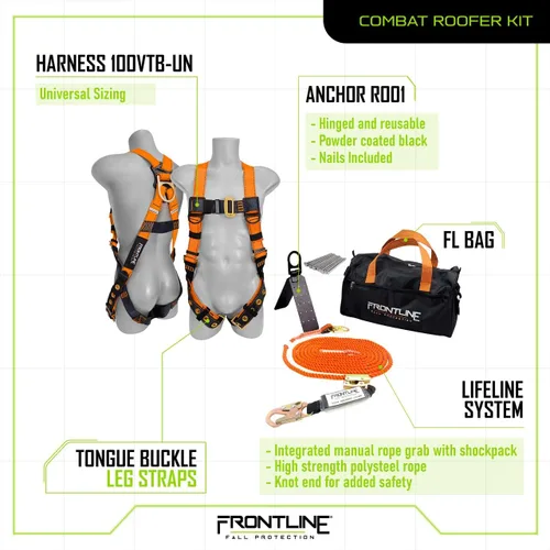 Miniatura 2 de Kit completo de techadores Frontline Combat con arnés de cuerpo completo Lifeline Combat™ de 50 pies Cumple con OSHA y ANSI