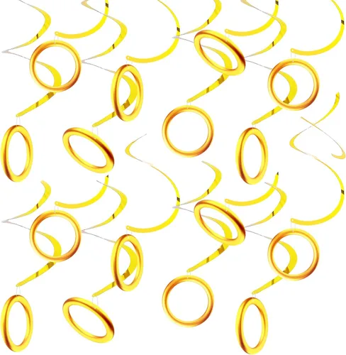 Juego de 90 espirales colgantes de anillo dorado con tarjeta de papel de aluminio dorado para colgar, videojuegos, fiesta, serpentina de techo,