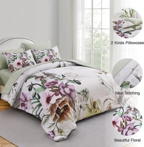 Miniatura 6 de Luxudecor Juego de edredón floral tamaño King de 7 piezas, cama de flores verdes en una bolsa, elegante edredón floral con juego de sábanas, juego