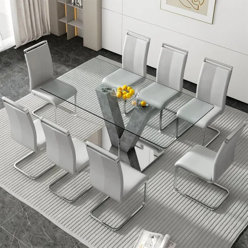 Miniatura 25 de Juego de mesa de comedor de vidrio de 71 pulgadas para 6, juego de mesa de comedor para 6, mesa de cocina moderna y 6 sillas de PU, parte superior 6