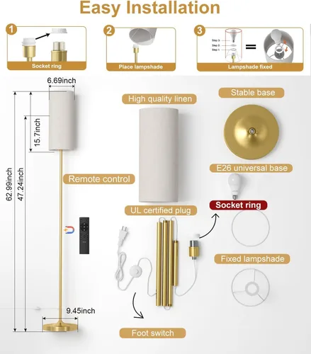 Miniatura 4 de luckystyle Lámpara de Pie LED para Sala de Estar, Lámpostas Regulables con Interruptor de Pie, Lámpara de Pie de Oro con Temperatura