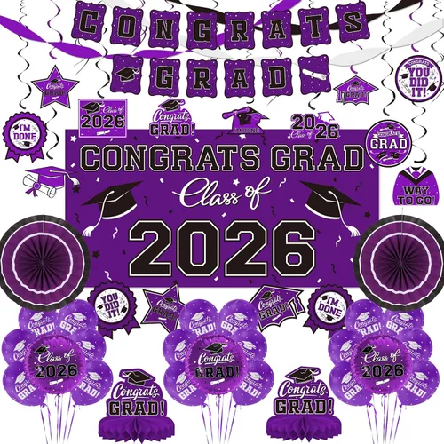 Miniatura 12 de Juego de decoraciones de graduación 2026 con temática negra y dorada, pancarta de felicitaciones, telón de fondo, globos y serpentinas, suministros