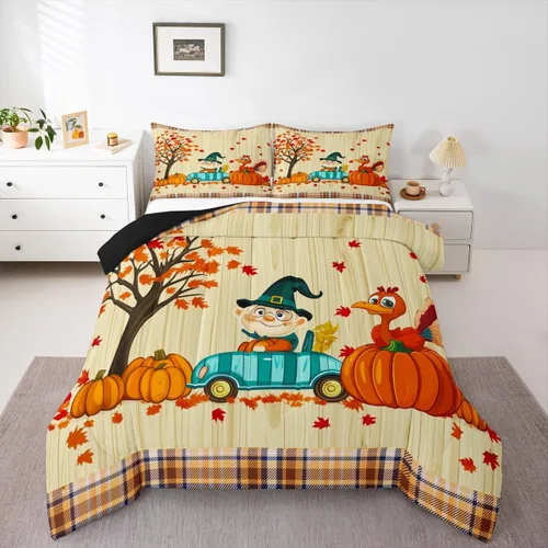 Miniatura 39 de Erosebridal Juego de edredón individual de pavo de Acción de Gracias, juego de ropa de cama de calabaza con hojas de otoño para niños y adultos
