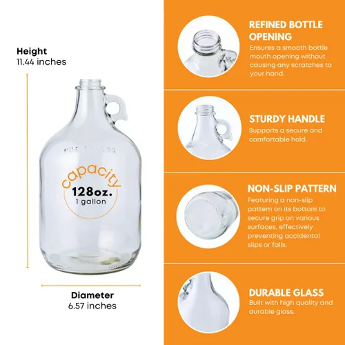 Miniatura 3 de Botella de agua de vidrio marca Home Brew Ohio, incluye tapa de rosca metálica de 1,5", capacidad de 1 galón, Transparente, 4