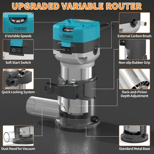 Miniatura 3 de Herramienta de enrutador TwoWin, Herramienta de enrutador de madera manual de 6.5 Amp 1.25 HP, Herramienta de enrutador de palma compacta