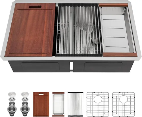 Miniatura 16 de Sarlai 28 Fregadero de cocina bajo encimera de doble tazón - Fregadero bajo encimera de acero inoxidable de 28x19 pulgadas de calibre 16, con repisa