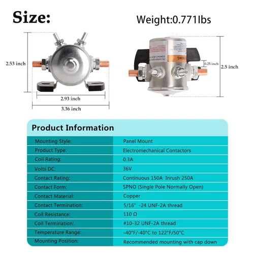 Miniatura 4 de 10L0L Relé solenoide de servicio continuo serie #70 para carrito de golf eléctrico EZGO de 36 voltios, incluye resistencia y diodo, OEM # 27855G01