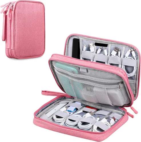 Miniatura 9 de Organizador de viaje electrónico para cables, cables, cargadores, Tech Essentials, doble capa (azul aguamarina, PU-L)