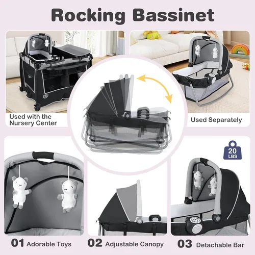 Miniatura 3 de BABY JOY Paquete y juego 5 en 1, corralito portátil para bebé con moisés y cambiador de pañales, bolsa, moisés infantil, centro de actividades
