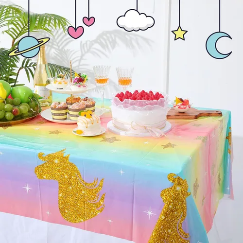 Miniatura 5 de Zhehao Mantel desechable de cumpleaños de unicornio de 108 x 54 pulgadas, mantel de plástico a rayas multicolor para fiesta de cumpleaños