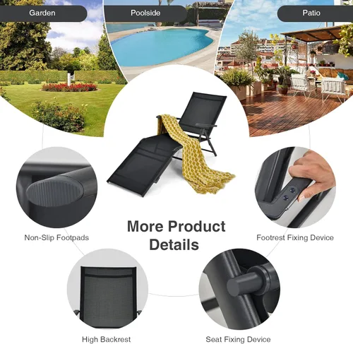 Miniatura 8 de Giantex Sillón de patio plegable, tumbona para tomar el sol al aire libre con respaldo de 5 posiciones, reposapiés de 2 posiciones, marco de acero